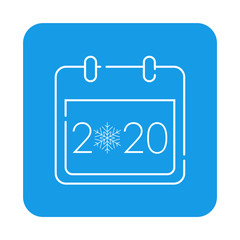 Icono plano lineal calendario año 2020 con copo nieve en cuadrado color azul