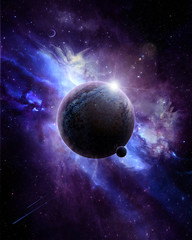beautiful bright illustration - planet in space in purple tones - obrazy, fototapety, plakaty