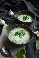 two plates of green cream soup.top view