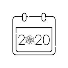 Icono plano lineal calendario año 2020 con copo nieve en color negro