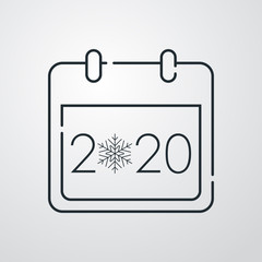 Icono plano lineal calendario año 2020 con copo nieve en fondo gris