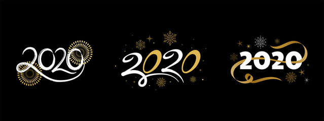 2020 Happy new year lettering with golden elements, banners on a white background. Vector illustration