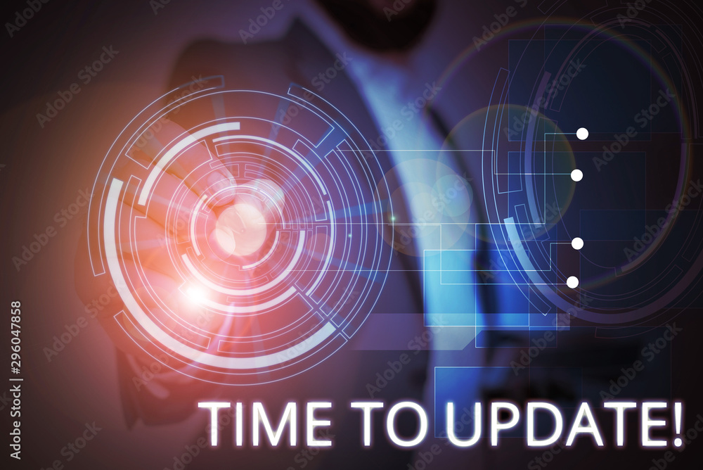 Aufkleber writing note showing time to update. business concept for this is right moment to make something mor