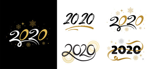 2020 Happy new year lettering with golden elements, banners on a white background. Vector illustration