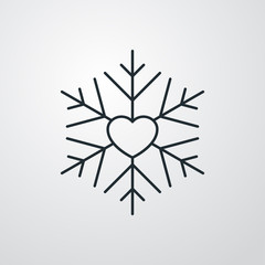 Icono plano lineal copo de nieve con corazón en fondo gris