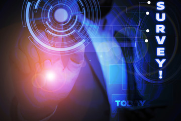 Word writing text Survey. Business photo showcasing research method used for collecting data from a predefined group Male human wear formal work suit presenting presentation using smart device