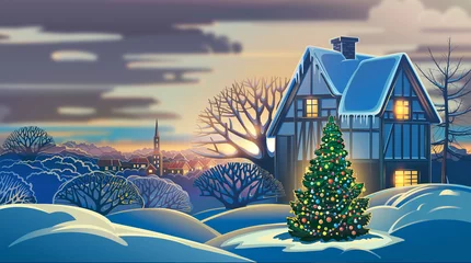 Fototapeten Festive winter landscape with a village and decorated Christmas tree. Raster illustration. © Rustic