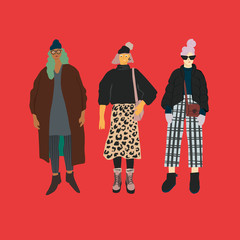 Variations of woman s fashion looks. Stylishly dressed autumn girls set