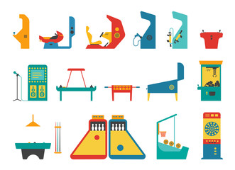 Icon set of various gaming machines. Machines for entertainment and fun. Flat vector illustration.