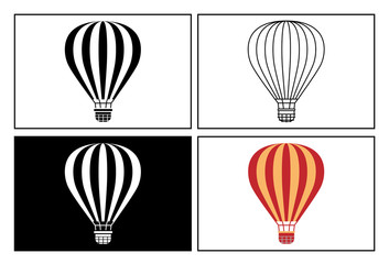 Hot air balloon symbol presented as pictogram, black and white, line icons and flat icons. Set of transportation icons.