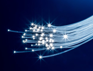 Bundle of optical fibers with lights in the ends. Blue background.