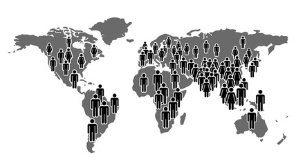 A large number of people standing in a group in the form of world map. Concept of People Figure Pictogram Icons. Earth community signs.