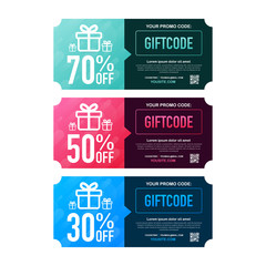 Template red and blue gift card. Promo code. Vector Gift Voucher with Coupon Code. Vector illustration. - obrazy, fototapety, plakaty