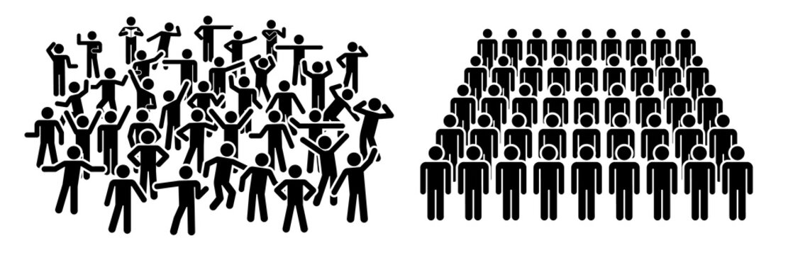 Large group of people. Concept of People Figure Pictogram Icons. Crowd signs. People standing in organized and disorganized groups.