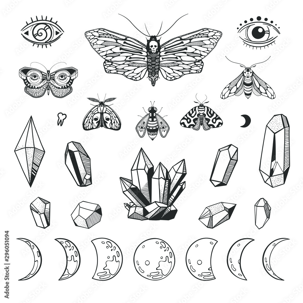 Wall mural Mystical set with butterflies, crystals and moon phases. Boho style vector illustrations isolated on white. Wiccan symbols and objects.