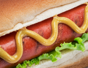 Hot dog - grilled sausage in a bun with sauces close-up. Food background.