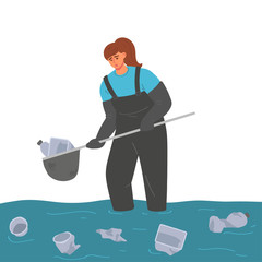 A woman cleans the river from debris. Nature protection volunteers at work. Activist cleans water from plastic waste. Pollution control. Charity donation. Vector illustration in freehand drawn style