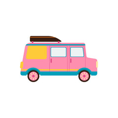 Obraz premium Pink car for travel. Campervan. Van life movement. Vector illustration in freehand drawn style