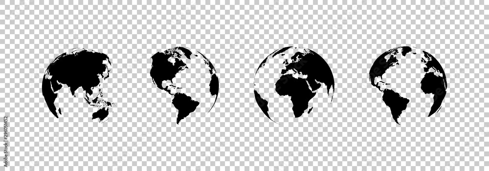Poster earth globe collection. set of black earth globes, isolated on transparent background. four world ma