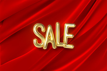 Sale banner design. Vector illustration of golden sale letters on red folded fabric background. Promotional marketing event. Business concept. Discount sign