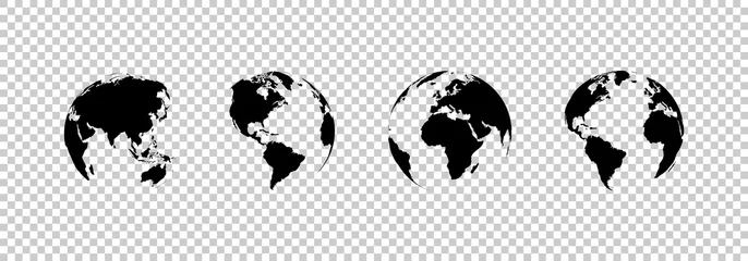 Poster Earth Globe-collectie. set van zwarte aarde globes, geïsoleerd op transparante achtergrond. vier wereldkaartpictogrammen in plat ontwerp. Earth Globe in moderne eenvoudige stijl. wereldkaarten voor webdesign. vector © smile3377