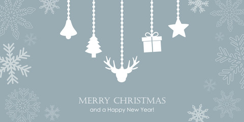 christmas greeting card with snowflake border and hanging decoration reindeer bell tree gift and star vector illustration EPS10