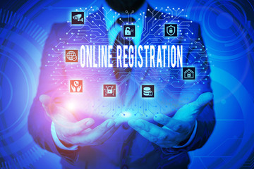 Writing note showing Online Registration. Business concept for System for subscribing or...