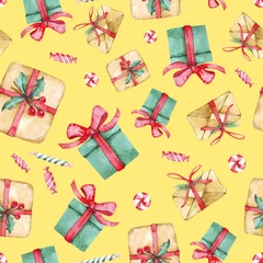 Rucksack Aquarell Weihnachten nahtlose Muster mit Dekor. Perfekt für Geschenkpapier, Textildesign, Druck oder Hintergrund. © Tatiana 