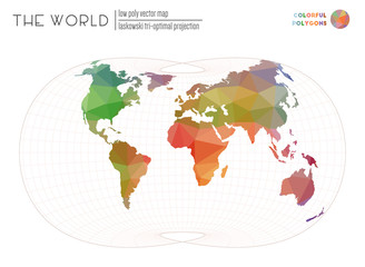 Polygonal world map. Laskowski tri-optimal projection of the world. Colorful colored polygons. Modern vector illustration.