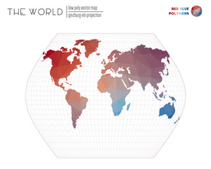 Vector map of the world. Ginzburg VIII projection of the world. Red Blue colored polygons. Elegant vector illustration.