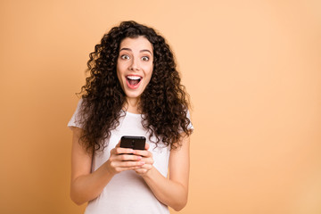 Photo of amazing lady holding telephone hands addicted feednews person checking followers noticed...