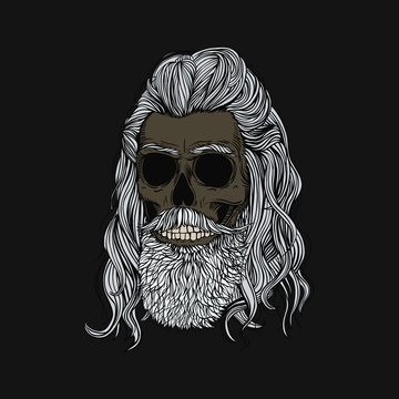 Bearded skull with long gray hair. Stylish men's hairstyle and beard. Picture for halloween, barbershop and clothes.