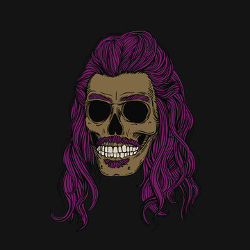 Whiskered skull with long pink hair. Stylish men's hairstyle and mustache. Picture for halloween, barbershop and clothes.