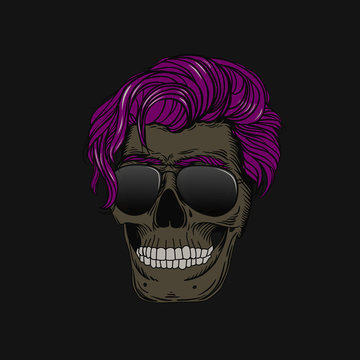 Skull with purple hair and glasses. Stylish men's hairstyle and beard. Picture for halloween, barbershop and clothes.