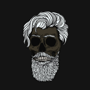 Gray-haired bearded skull. Stylish men's hairstyle and beard. Picture for halloween, barbershop and clothes.