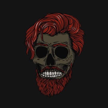 Bearded skull with ginger hair. Stylish men's hairstyle and beard. Picture for halloween, barbershop and clothes.