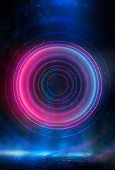 Neon circle on a dark street background, wet asphalt. Blue neon, smoke, smog. Night view of a street with neon. Abstract neon dark background.