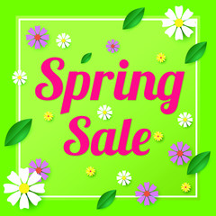 Spring sale background banner with beautiful colorful flower. Vector illustration.