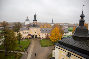 Kirillov, Russia - September 18, 2019: Kirillo-Belozersky Monastery. Largest monastery of Northern Russia in a bad weather