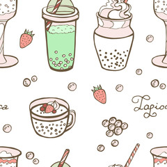 Bubble tea or Pearl milk tea cartoon seamless pattern, vector illustration