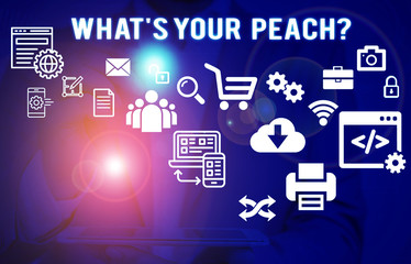 Text sign showing What S Is Your Peach question. Business photo showcasing an exceptionally good demonstrating or thing Male human wear formal work suit presenting presentation using smart device