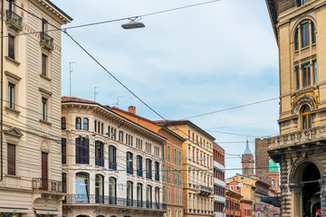 BOLOGNA, ITALY - May 27, 2018: Antique building view in Old Town Bologna, Italy
