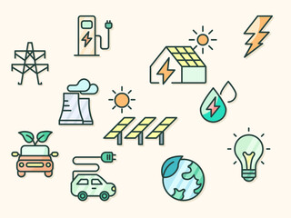 Vector illustration of a energy and ecology elements. Contains such as Energy industry, solar panels, oil, green car and more. Flat illustration style line drawing and background color beige.