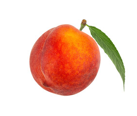 Peach with green leaf isolated on white background with clipping path