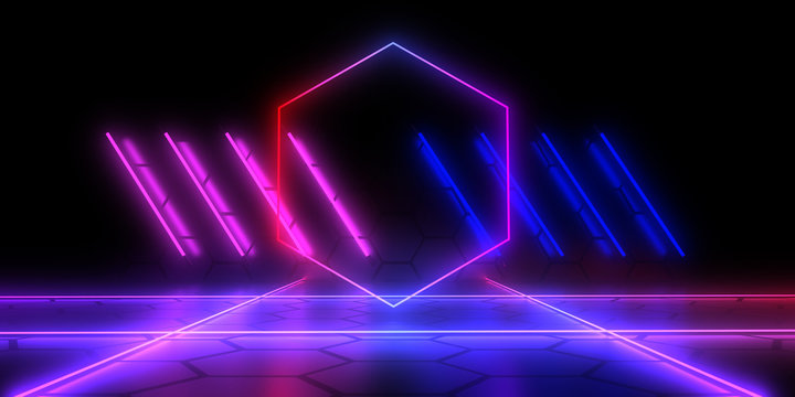 3D abstract background with neon lights . 3d illustration © andrii