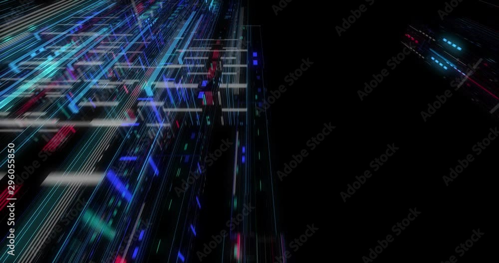 Poster seamless fly through of abstract circuitry with digital grid background, data deep learning computer