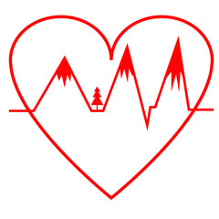 Red outline of the heart with a pulse inside. The pulse is made to look like mountains with snowy peaks.