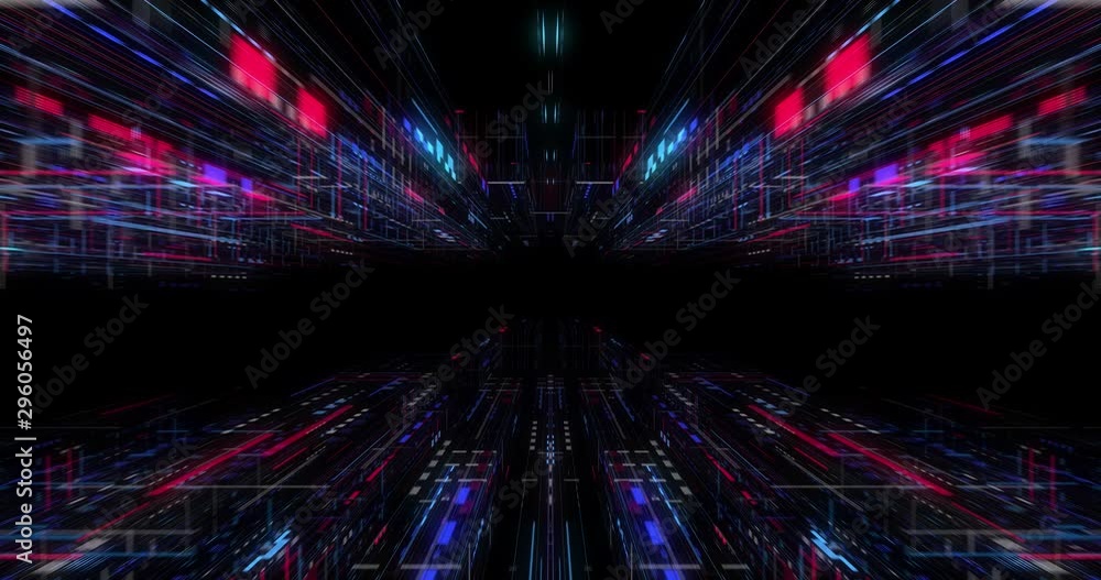 Poster seamless loop of abstract futuristic technological background, floating circuits, charts, digits ele