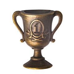 Vintage cup trophy isolated on white background. Vintage brass first place trophy