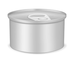 Round tin can with pull tab lid, realistic vector mockup illustration. Canned food metal package, mock-up. Blank aluminum cylinder container, template